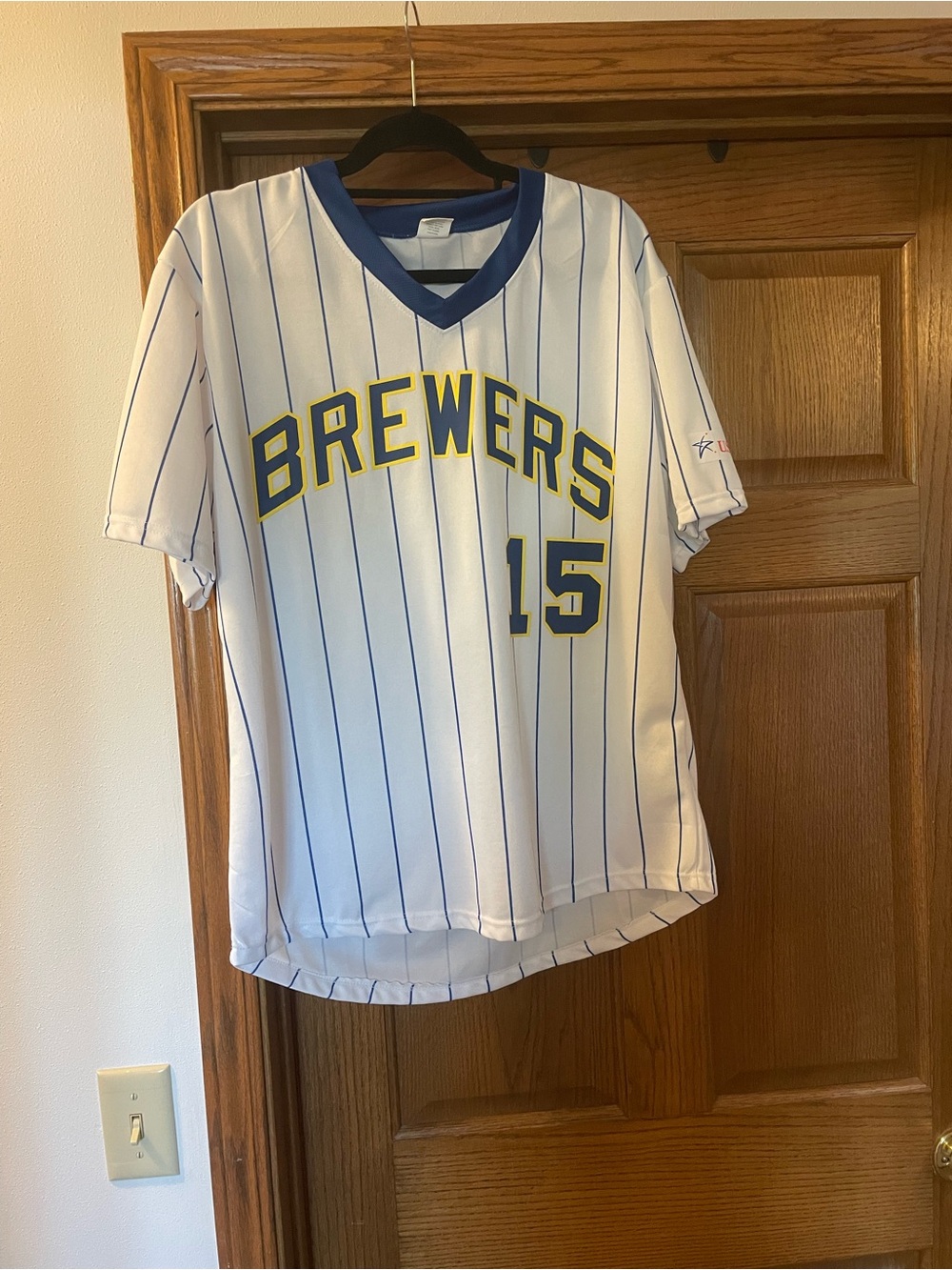 MLB Brewers White Pinstripe Jersey with Blue and Yellow Accents
